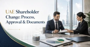 UAE shareholder change process showing business owners reviewing and signing corporate documents with Dubai skyline in the background.