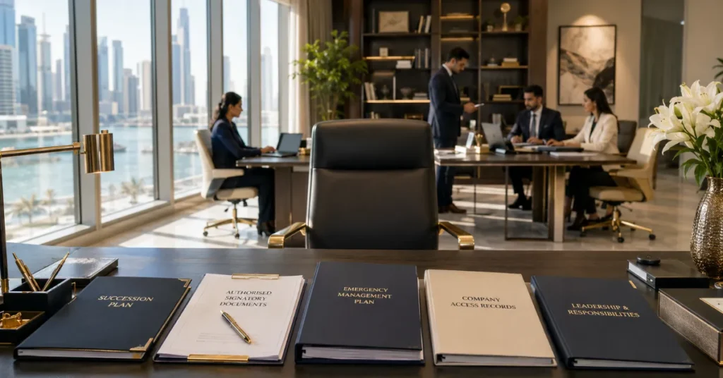 UAE business continuity planning showing organised leadership succession and company operations continuing during founder absence.