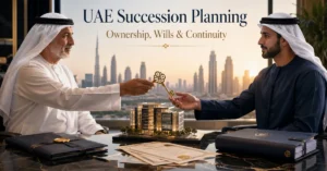 UAE succession planning showing a founder transferring business ownership and leadership to the next generation.
