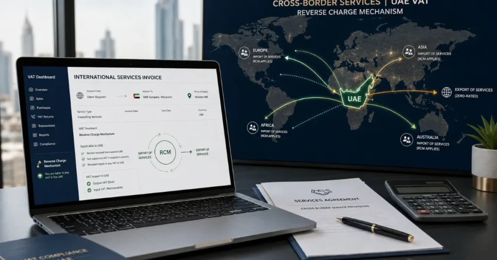 UAE VAT cross-border services and Reverse Charge Mechanism illustrated with international transactions connected to the UAE.