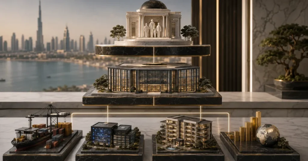 UAE wealth protection structure showing a family foundation or trust owning a holding company with businesses, property and investments.