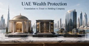 UAE wealth protection comparison showing a foundation, trust and holding company for succession, beneficiaries and business ownership.