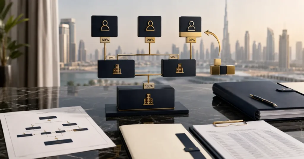 UAE beneficial ownership structure showing direct and indirect shareholders, holding companies and UBO identification after an ownership change.