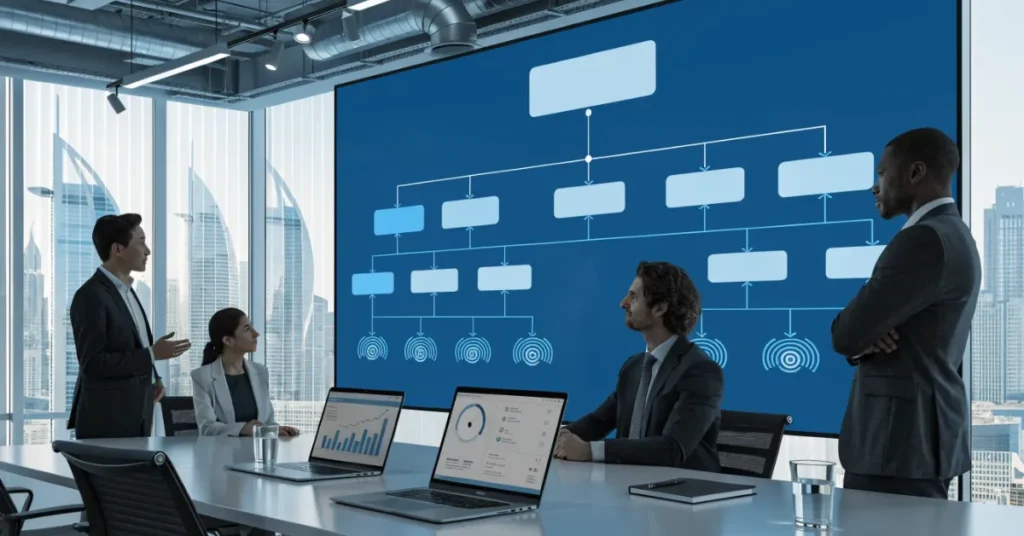 Financial control structure for VAT Group Registration showing parent company ownership and connected UAE business entities.