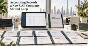 Accounting records for a new UAE company including invoices, bank statements, payroll, VAT records and Corporate Tax documents.