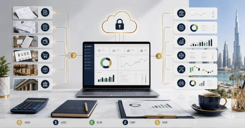 Cloud accounting software UAE workflow connecting invoices, expenses, inventory and banking to VAT and financial reports.