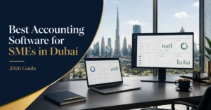 Best accounting software for SMEs in Dubai showing cloud bookkeeping, VAT, invoicing, bank reconciliation and financial reporting.