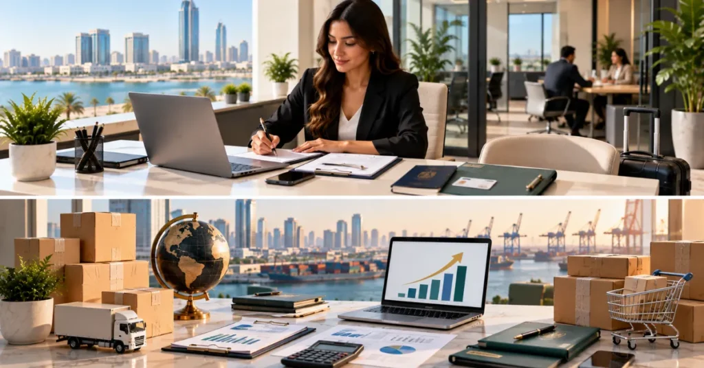 Ajman Free Zone flexi-desk setup for a solo entrepreneur with practical workspace and one-visa business planning.