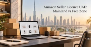 Amazon Seller Licence UAE showing an online seller comparing business licensing, inventory, fulfilment and UAE operating structures.