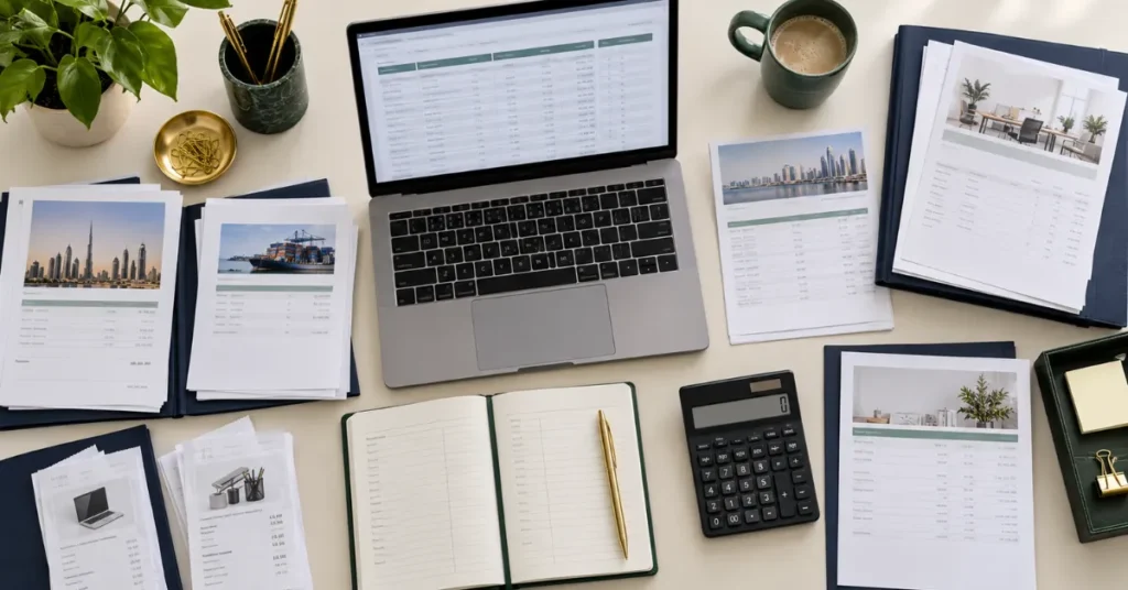 UAE bookkeeping workflow showing monthly financial records, bank reconciliation, financial statements and preparation for VAT and Corporate Tax compliance.