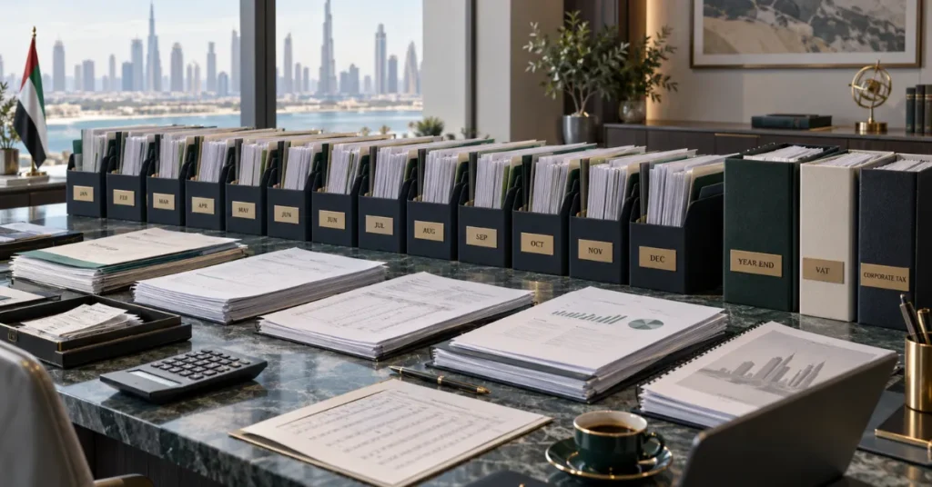 New UAE company bookkeeping showing early invoices, expenses, owner funding, bank transactions and organised monthly accounting records.