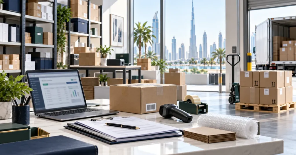 Small UAE trading company operations showing inventory, supplier documents, import paperwork and product distribution.