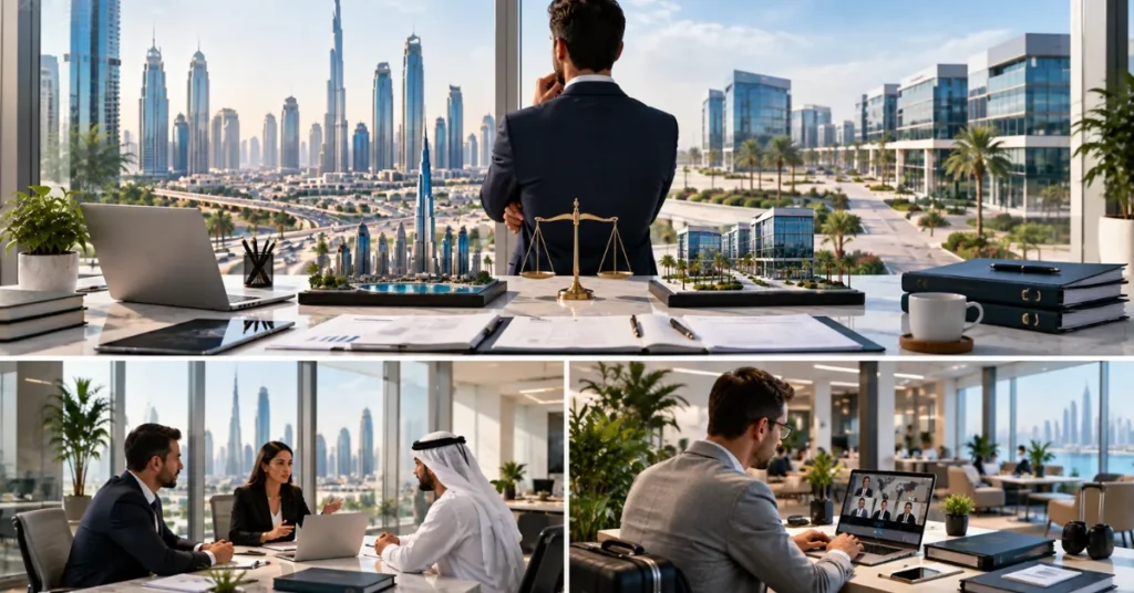 UAE free zone consultancy setup showing a consultant using a flexible workspace for remote and international professional services.