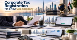 Corporate Tax Registration for a new UAE company showing business documents, tax registration and organised financial compliance records.