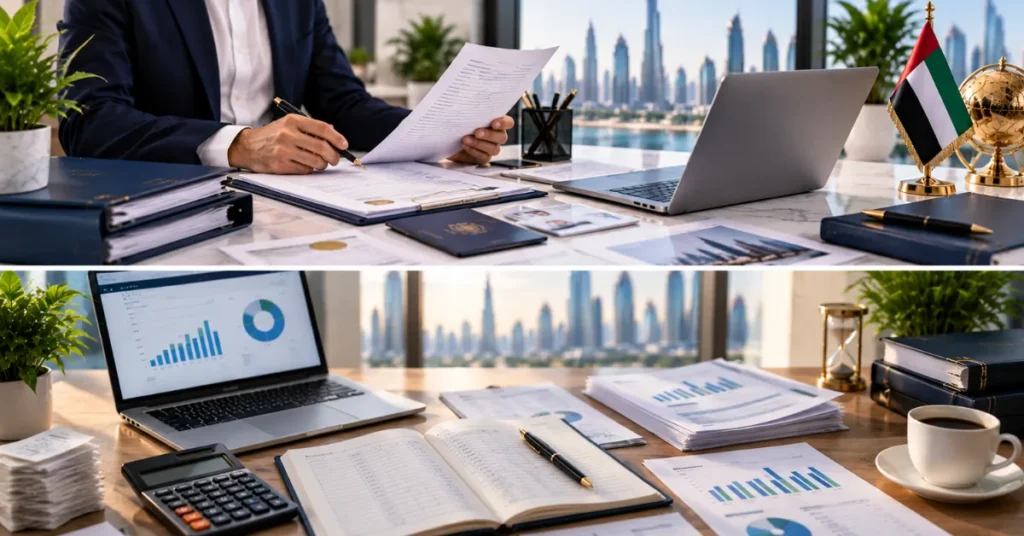 UAE Corporate Tax registration preparation showing company licence, incorporation documents, ownership records and digital registration.