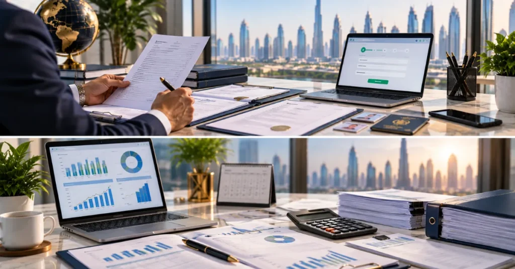 New UAE company Corporate Tax compliance showing bookkeeping, bank reconciliation, financial records and preparation for the first CT filing.