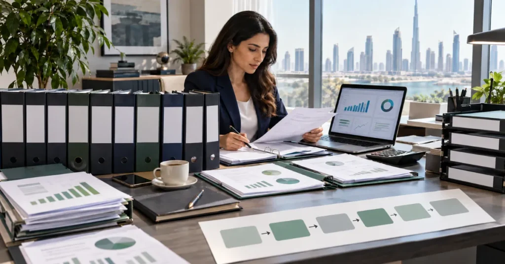 UAE Corporate Tax and VAT records shown separately with financial statements, invoices, expenses and bookkeeping documents.