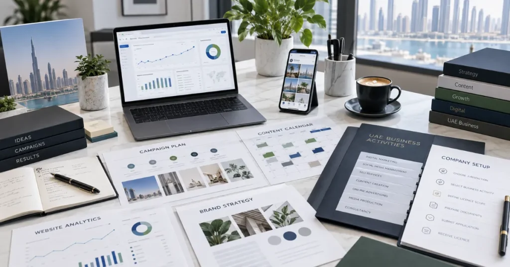 Digital marketing agency service planning for UAE licensing covering SEO, advertising, social media and marketing strategy.
