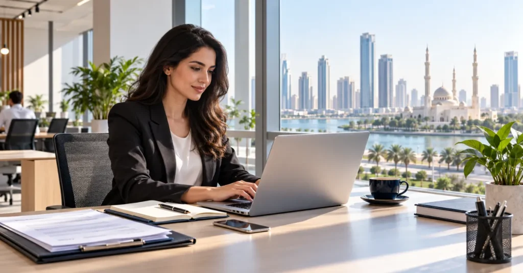 Sharjah Free Zone service company setup showing a lean consultant using a flexible workspace with limited overhead.