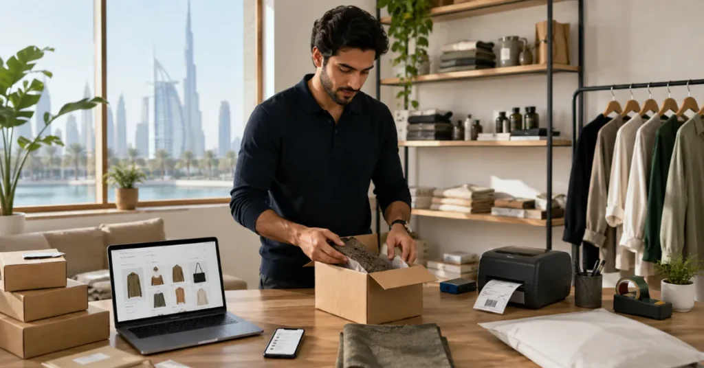 One-person e-commerce business in the UAE showing product selection, online sales, packing, inventory and courier fulfilment.