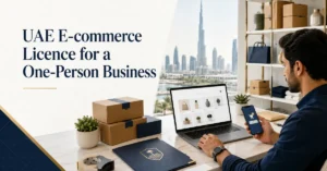 UAE E-commerce Licence for a one-person business showing a solo entrepreneur managing an online store, payments, inventory and fulfilment.