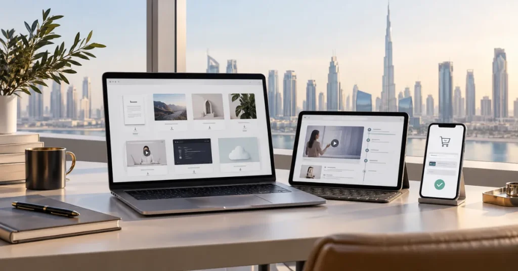 UAE digital-products business selling SaaS, online courses, e-books, templates and subscription content through online channels.