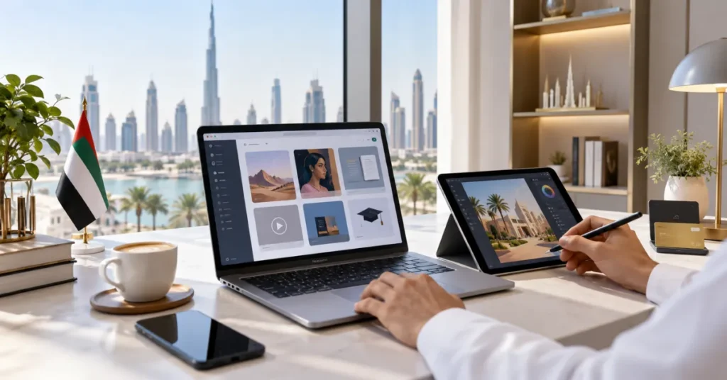UAE digital e-commerce setup workflow connecting business activity, licence, website, payment gateway, banking and accounting.