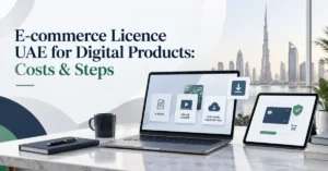 UAE e-commerce licence setup for digital products showing software, e-books, online courses, business registration and payment planning.