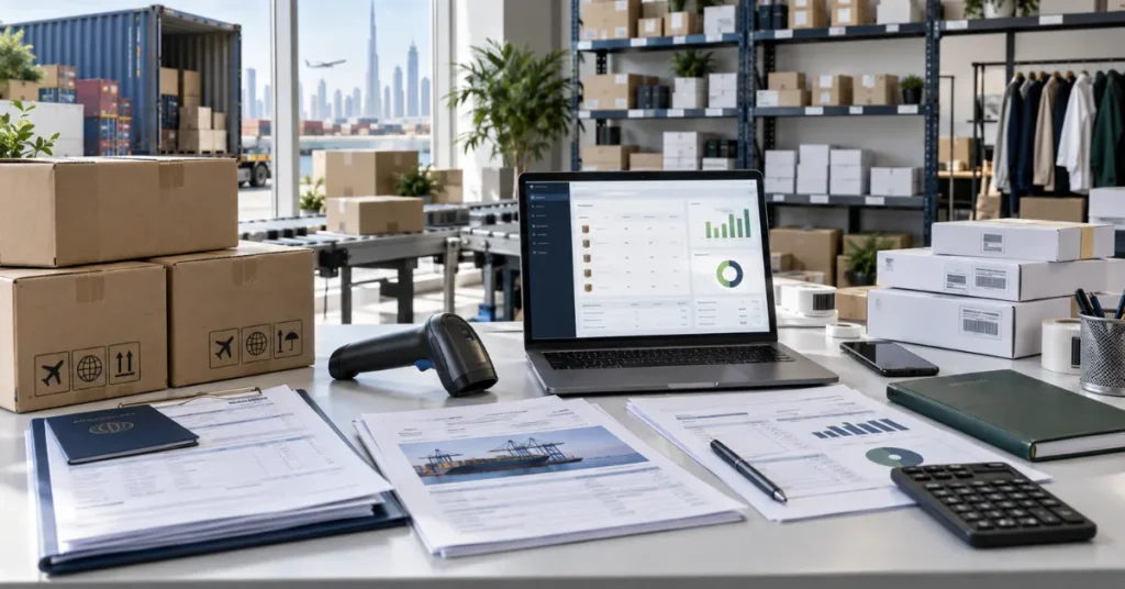 UAE e-commerce VAT records showing imported inventory, customs documents, online orders, payment settlements and accounting records.