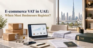 E-commerce VAT in UAE showing an online retailer reviewing sales, marketplace settlements, imports and VAT registration records.