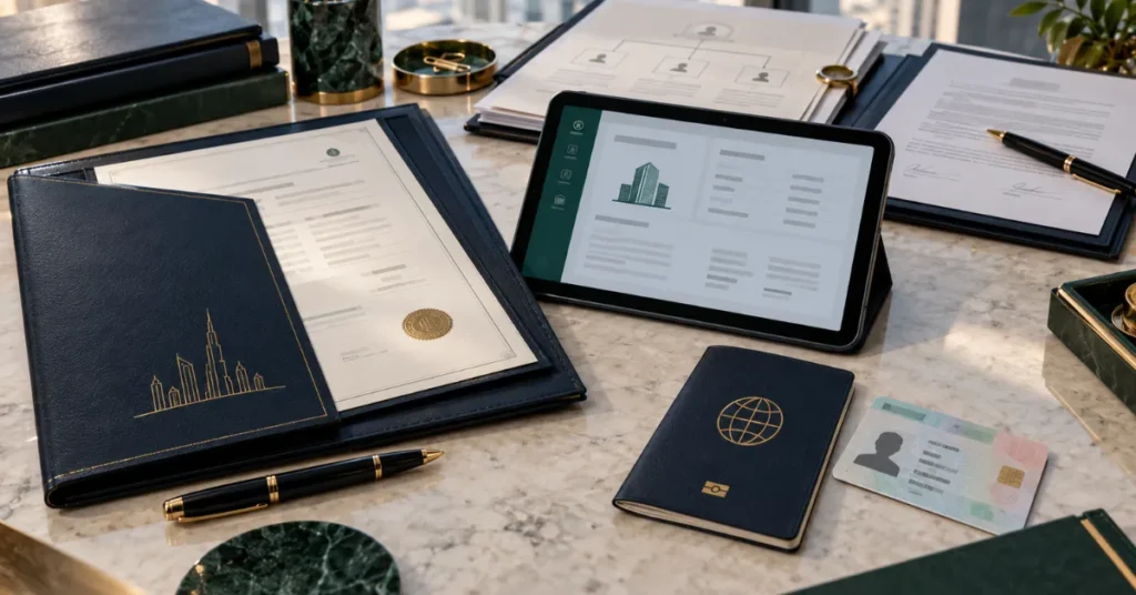 UAE business setup documents showing the difference between trade licence, establishment card and residence visa records.
