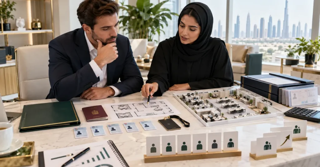 UAE company establishment planning showing workspace, visa capacity, founder residency and future employee sponsorship requirements.