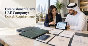 UAE company establishment card process showing trade licence, company records, immigration registration and visa planning.