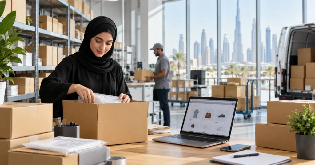 UAE free-zone online seller managing imported goods, customs documentation, inventory and mainland fulfilment operations.