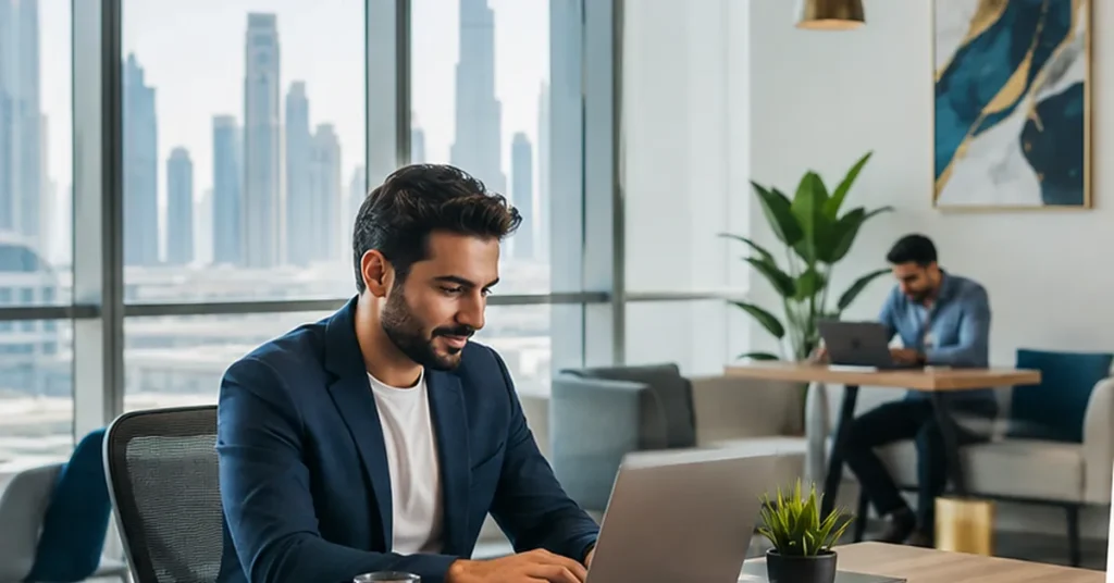 UAE consultancy growth showing flexi-desk, shared office and dedicated office stages alongside increasing employee and visa requirements.