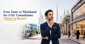 Free Zone vs Mainland for UAE consultants comparing a lean flexi-desk consultancy with a larger UAE-based professional services office.
