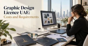 Graphic Design Licence UAE setup showing a creative professional reviewing design work, business activity documents and licensing requirements.