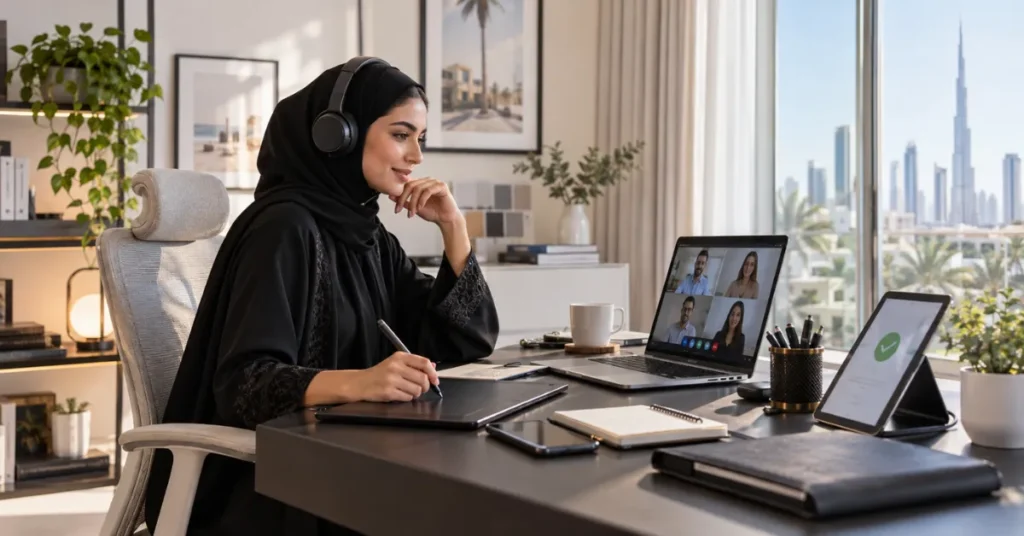 UAE home-based professional service business showing remote client work, digital service delivery and online payment management.