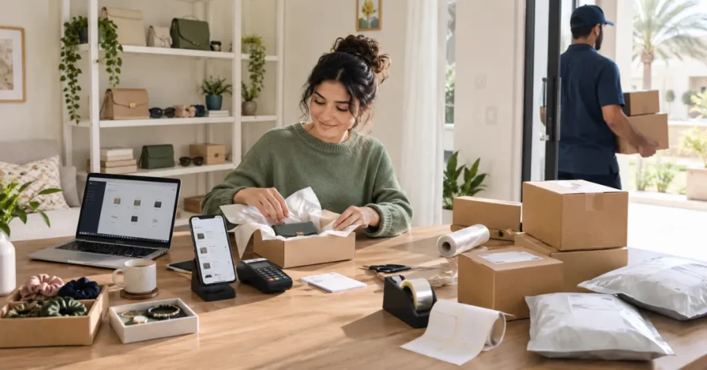 UAE home-based e-commerce business showing small inventory, online orders, product packing and delivery preparation.