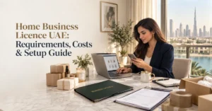 Home Business Licence UAE showing a professional entrepreneur operating an online business from a licensed home workspace.