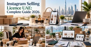 Instagram Selling Licence UAE showing a social-commerce entrepreneur managing products, online orders and a licensed UAE business.