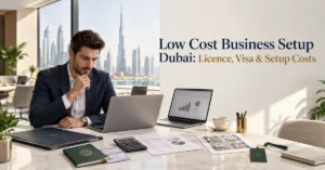 Low cost business setup in Dubai showing company licence, flexi-desk, founder visa and startup cost planning.