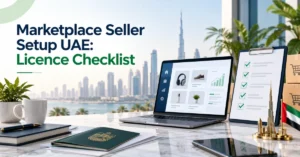 Marketplace Seller Setup UAE showing an e-commerce licence checklist, online product dashboard, business documents, and UAE marketplace selling setup in Dubai.