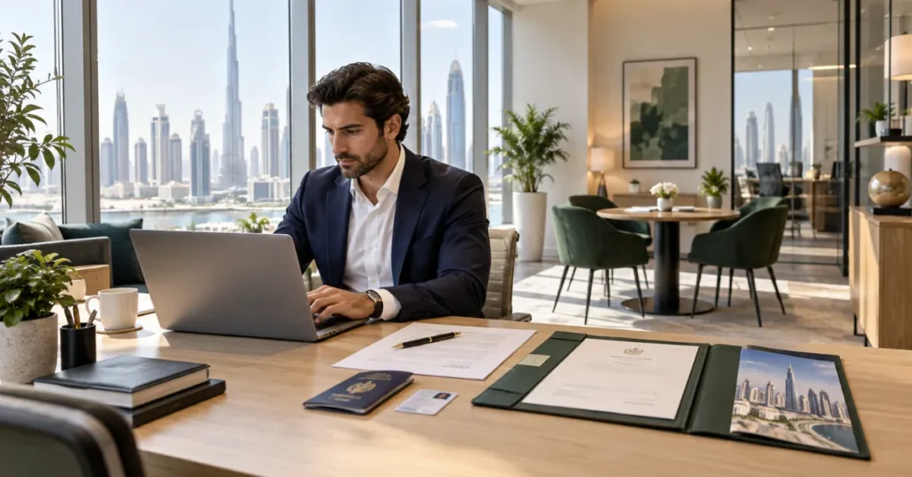 Solo consultant using a flexible Dubai workspace with one-visa planning, licence documents and a lean UAE consultancy setup.