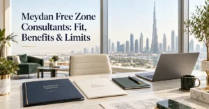 Meydan Free Zone consultancy setup showing a solo consultant reviewing business licence, visa and flexible workspace requirements in Dubai.