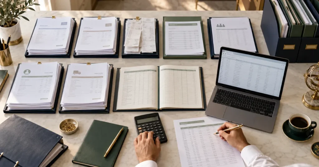 UAE monthly bookkeeping process showing sales invoices, expenses, bank statements, payroll and customer and supplier records being organised and reviewed.