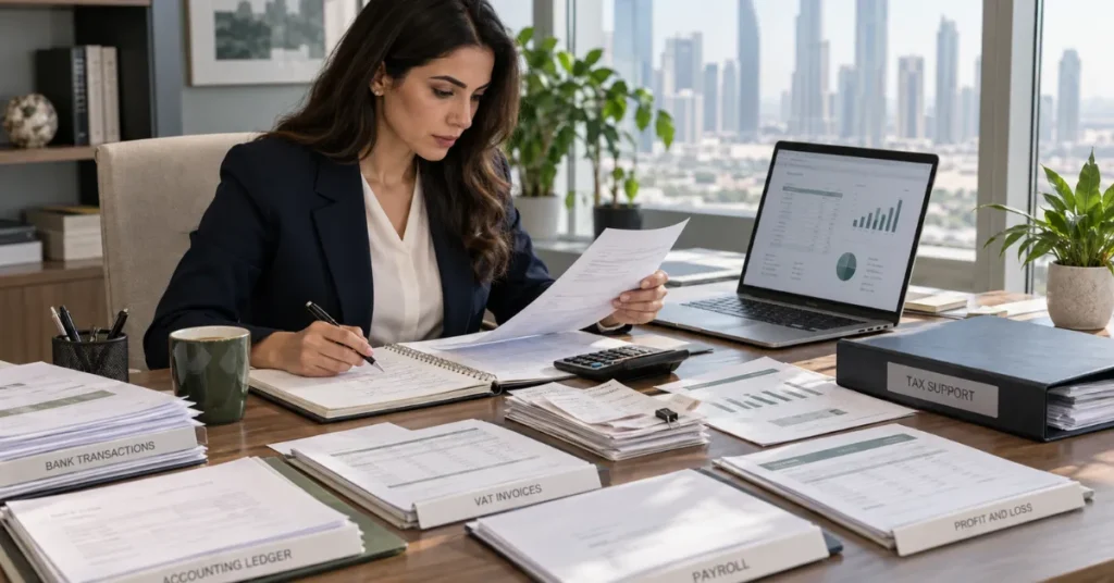 UAE small-business finance professional reviewing bank reconciliation, VAT records and monthly accounting information for tax-ready bookkeeping.