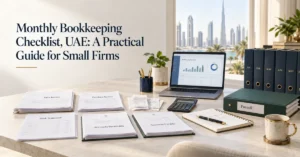 Monthly bookkeeping checklist for a UAE small business showing invoices, bank statements, receipts, payroll records and accounting review.