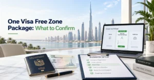 Featured image for One Visa Free Zone Package UAE, showing a Dubai business setup checklist, one-visa package selection, UAE residence visa documents, and free zone company formation planning.