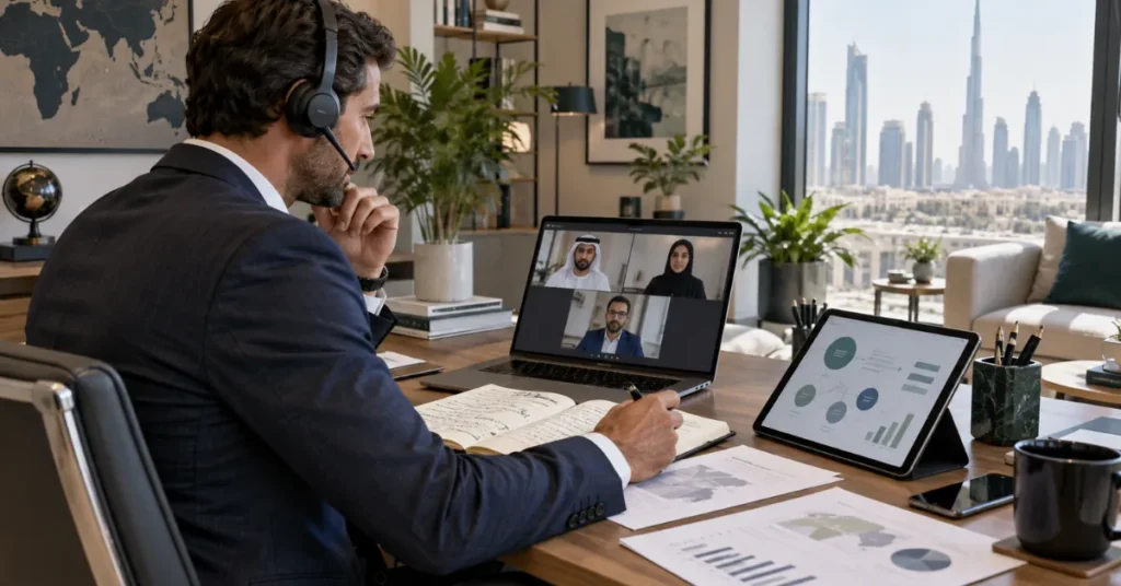 Online consulting business setup in the UAE showing licence, activity selection, workspace, visa, banking and renewal cost planning.